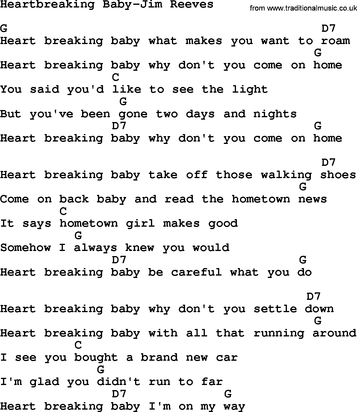 Country music song: Heartbreaking Baby-Jim Reeves lyrics and chords