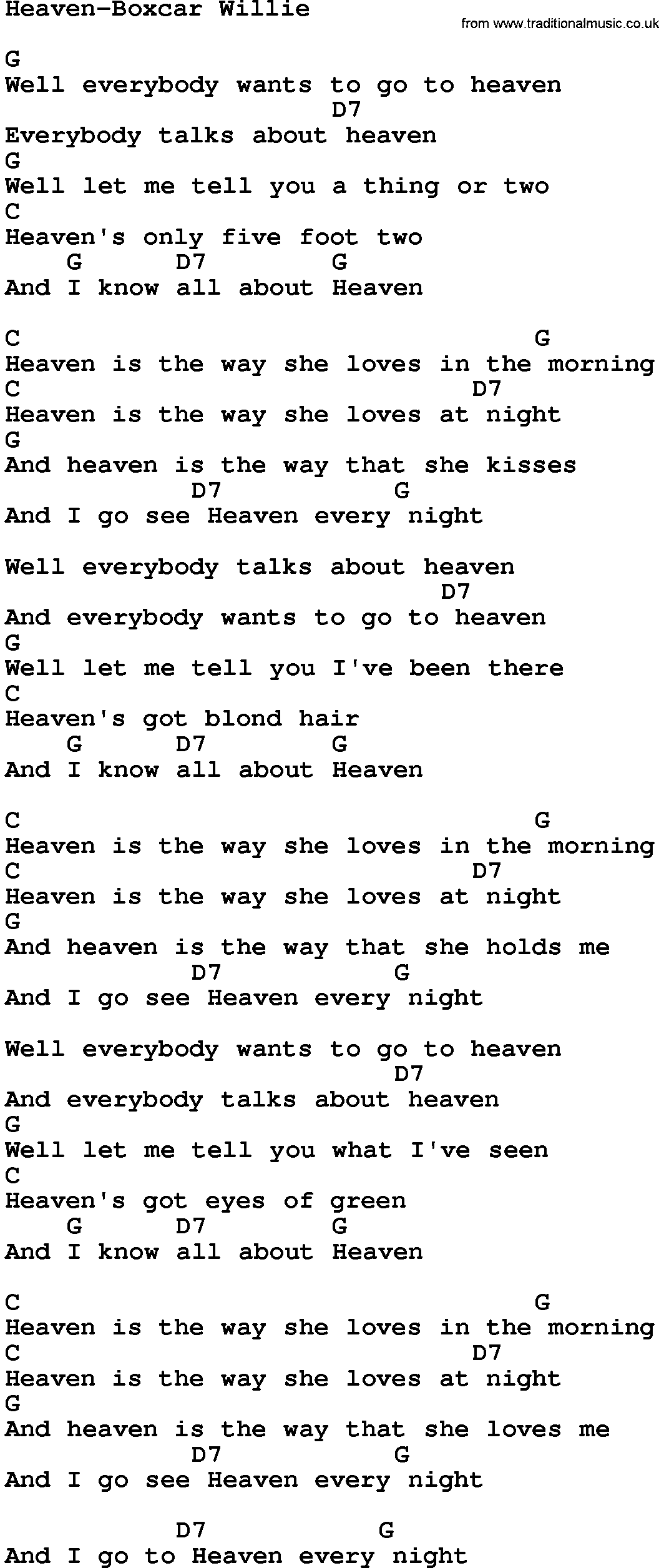 Country music song: Heaven-Boxcar Willie lyrics and chords