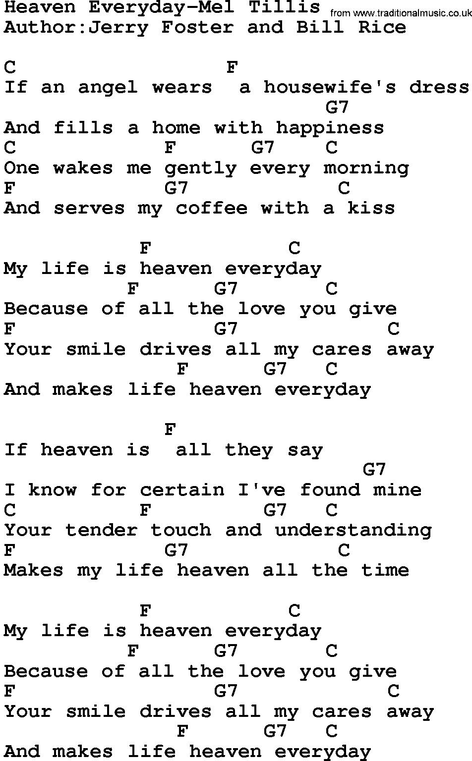 Country music song: Heaven Everyday-Mel Tillis lyrics and chords