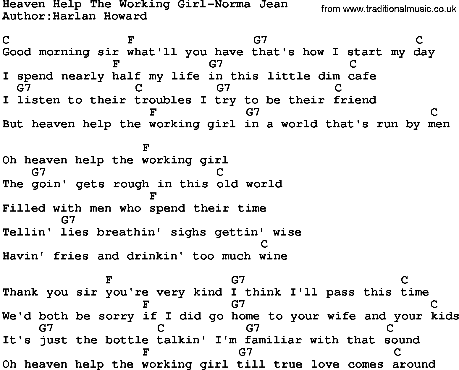 Country music song: Heaven Help The Working Girl-Norma Jean lyrics and chords