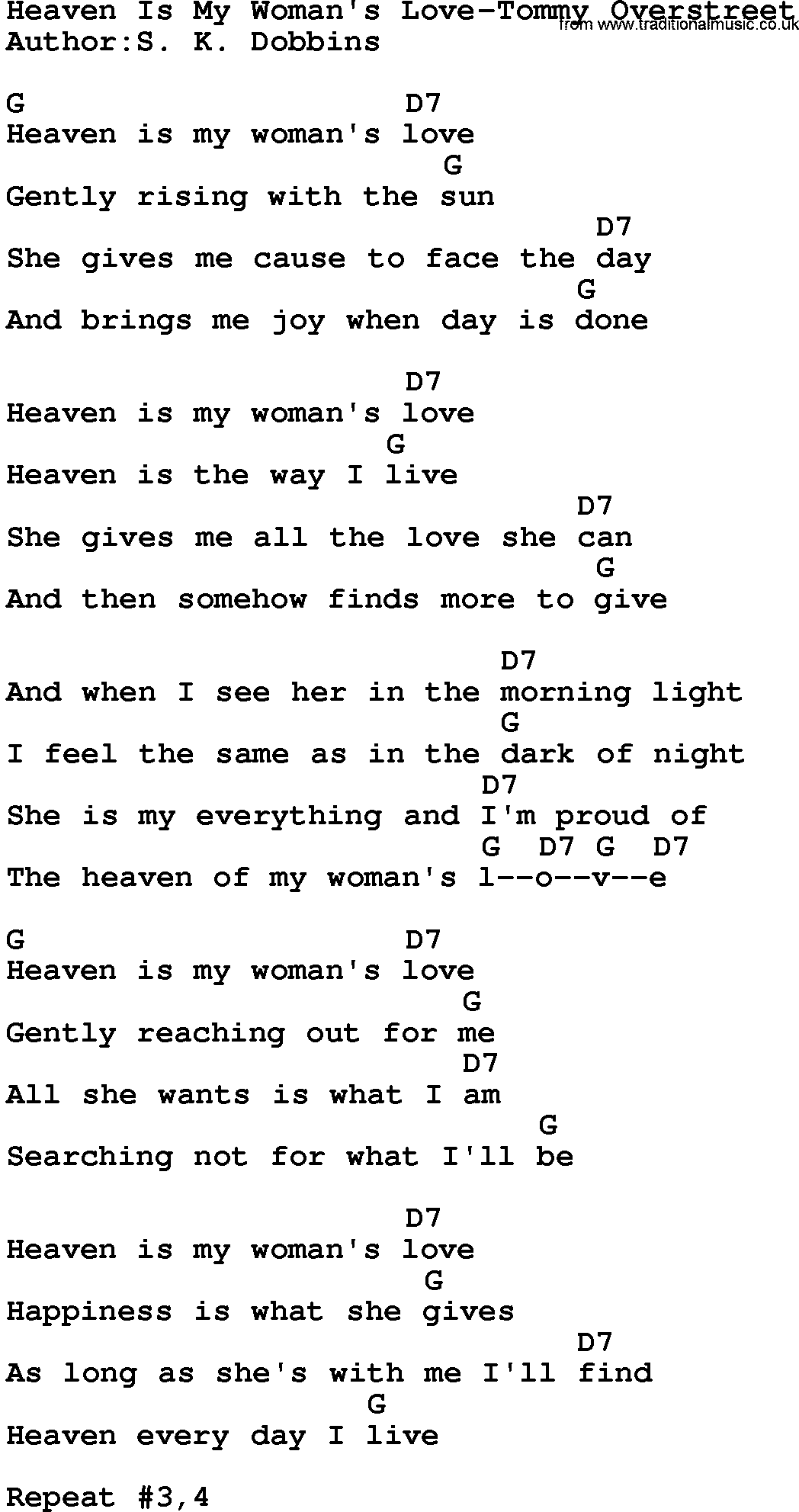Country music song: Heaven Is My Woman's Love-Tommy Overstreet lyrics and chords