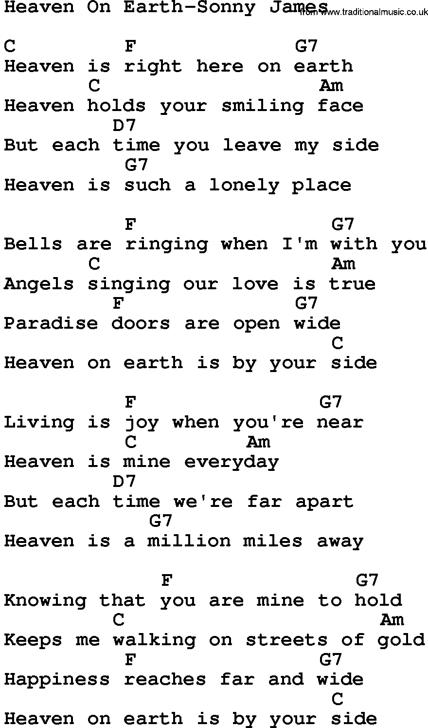 Country music song: Heaven On Earth-Sonny James lyrics and chords