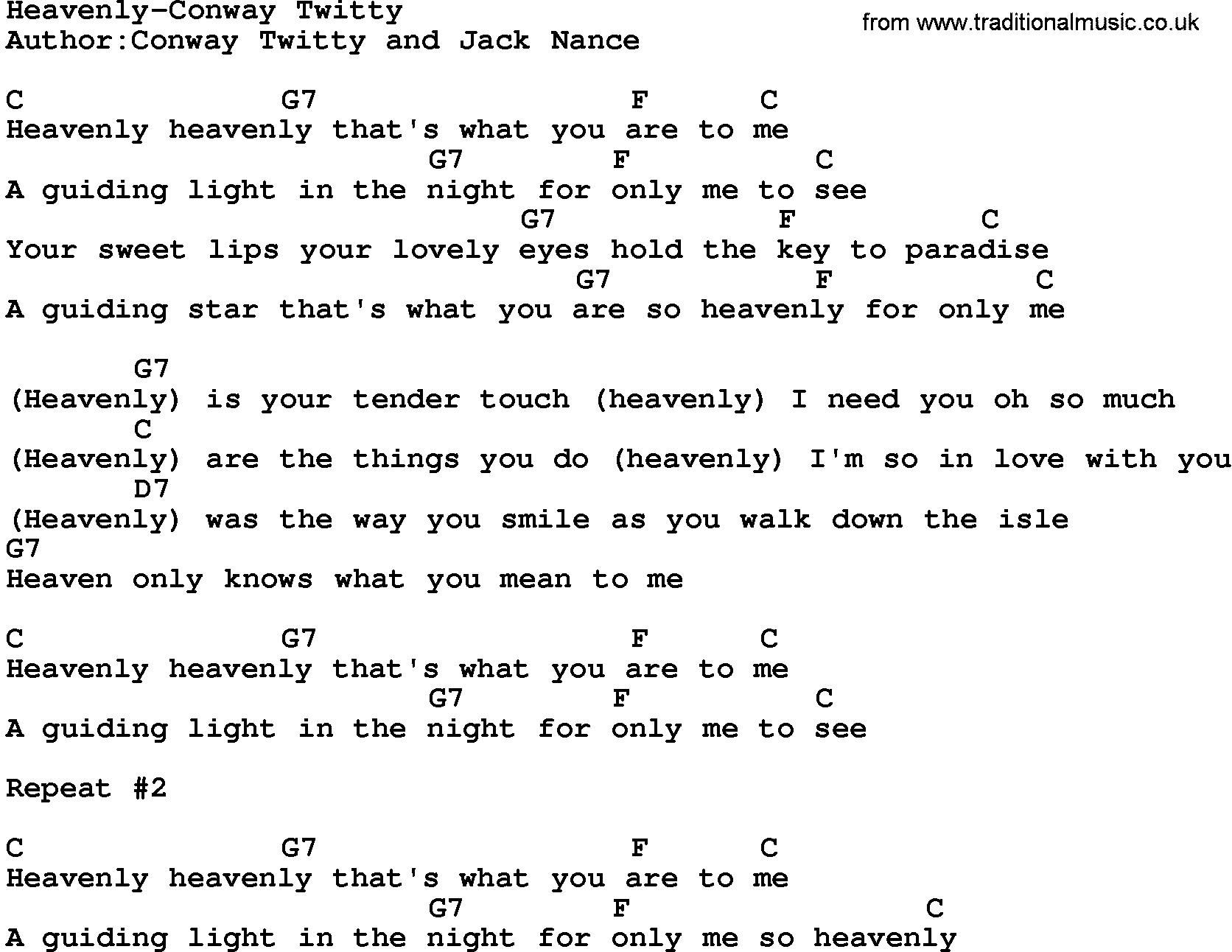 Country music song: Heavenly-Conway Twitty lyrics and chords
