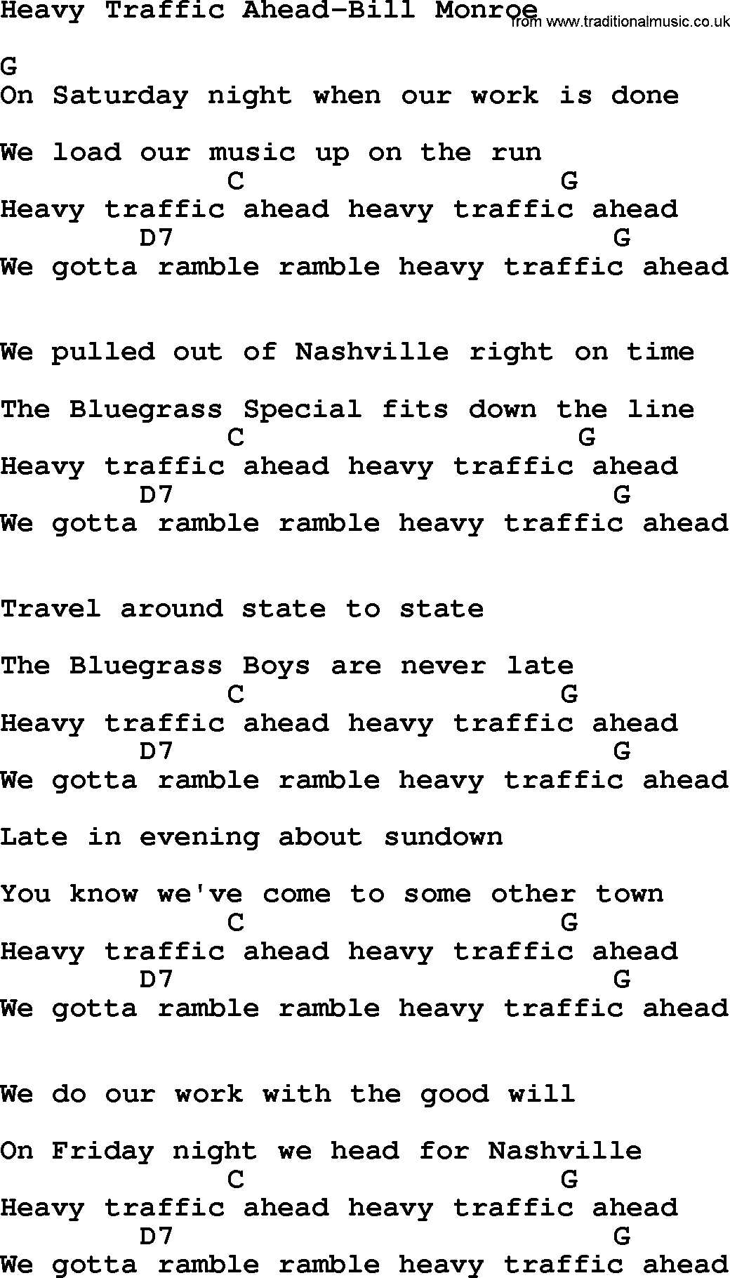 Country music song: Heavy Traffic Ahead-Bill Monroe lyrics and chords