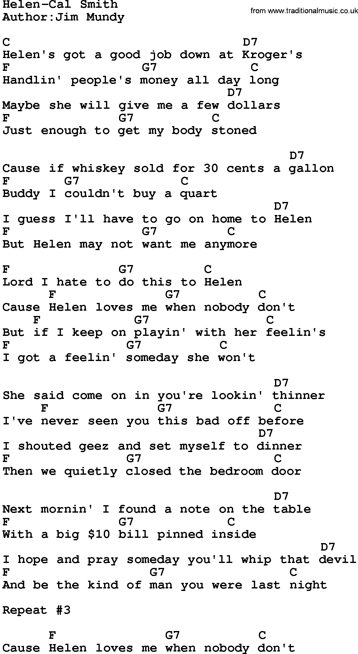Country music song: Helen-Cal Smith lyrics and chords