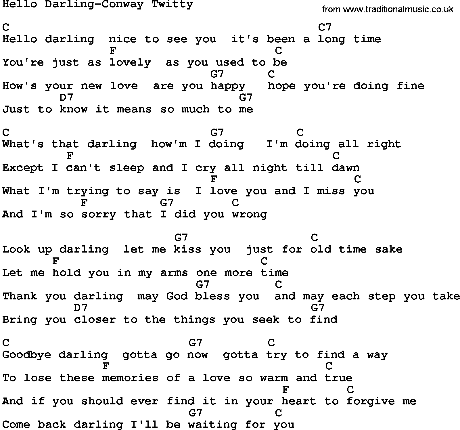 Country music song: Hello Darling-Conway Twitty lyrics and chords