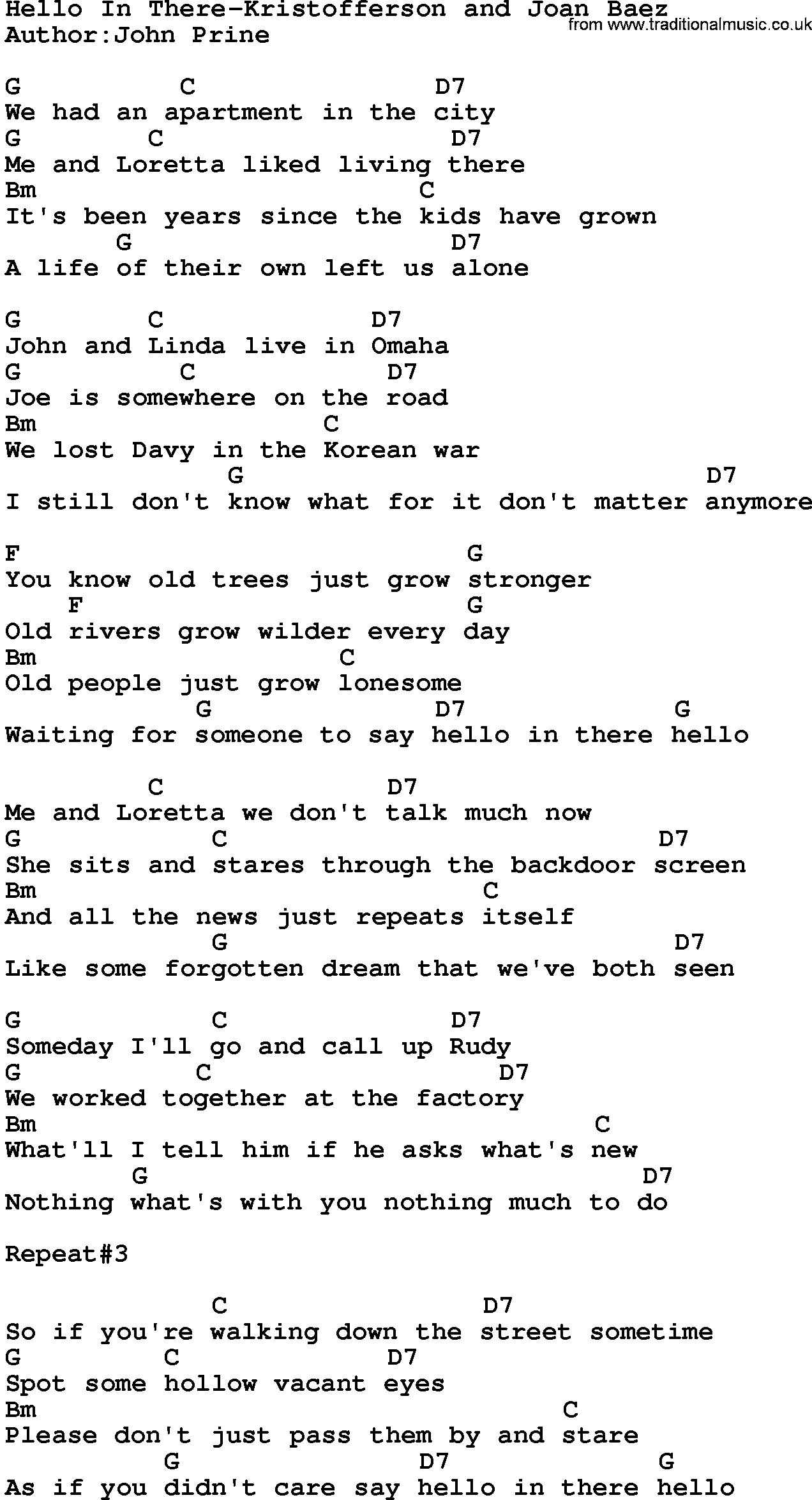 Country music song: Hello In There-Kristofferson And Joan Baez lyrics and chords