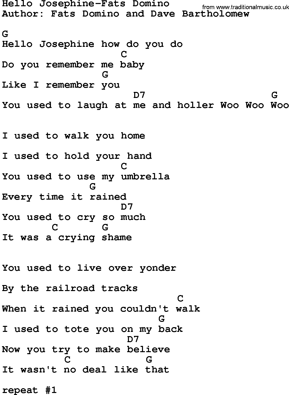 Country music song: Hello Josephine-Fats Domino lyrics and chords