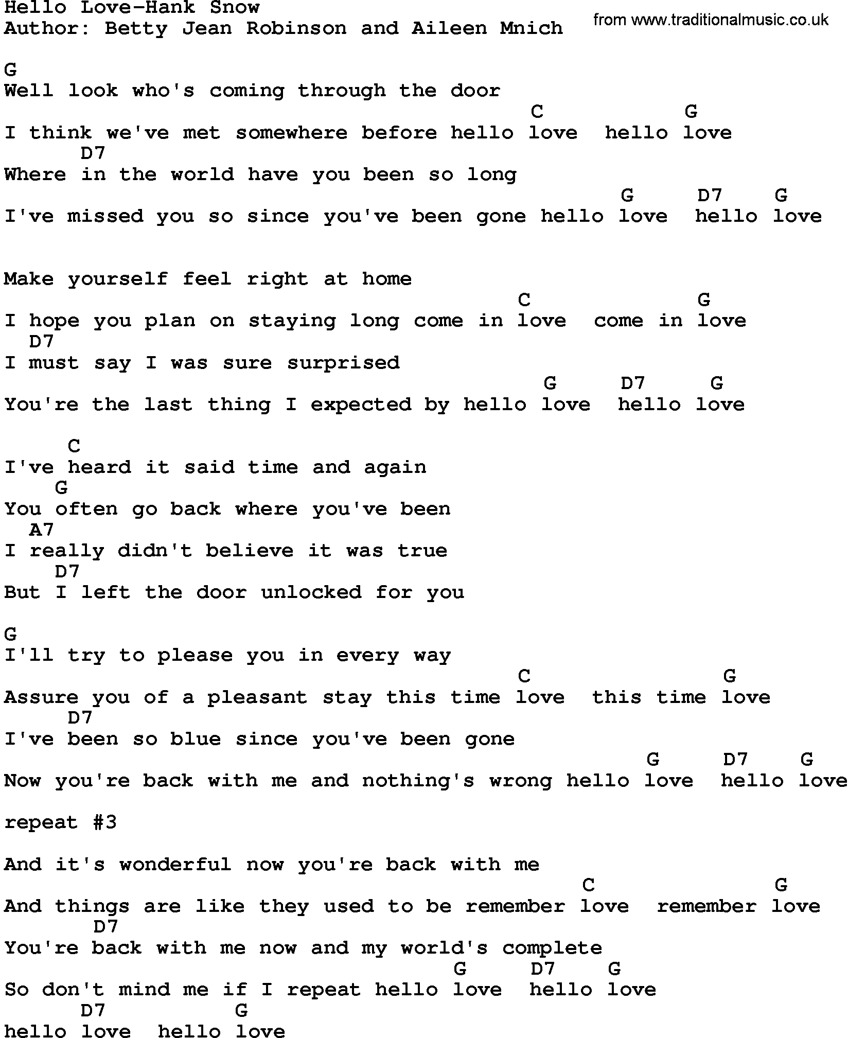 Country music song: Hello Love-Hank Snow lyrics and chords