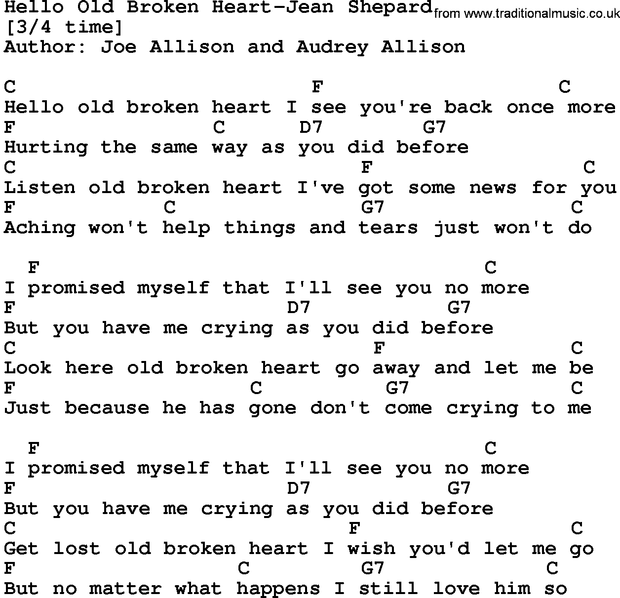 Country music song: Hello Old Broken Heart-Jean Shepard lyrics and chords