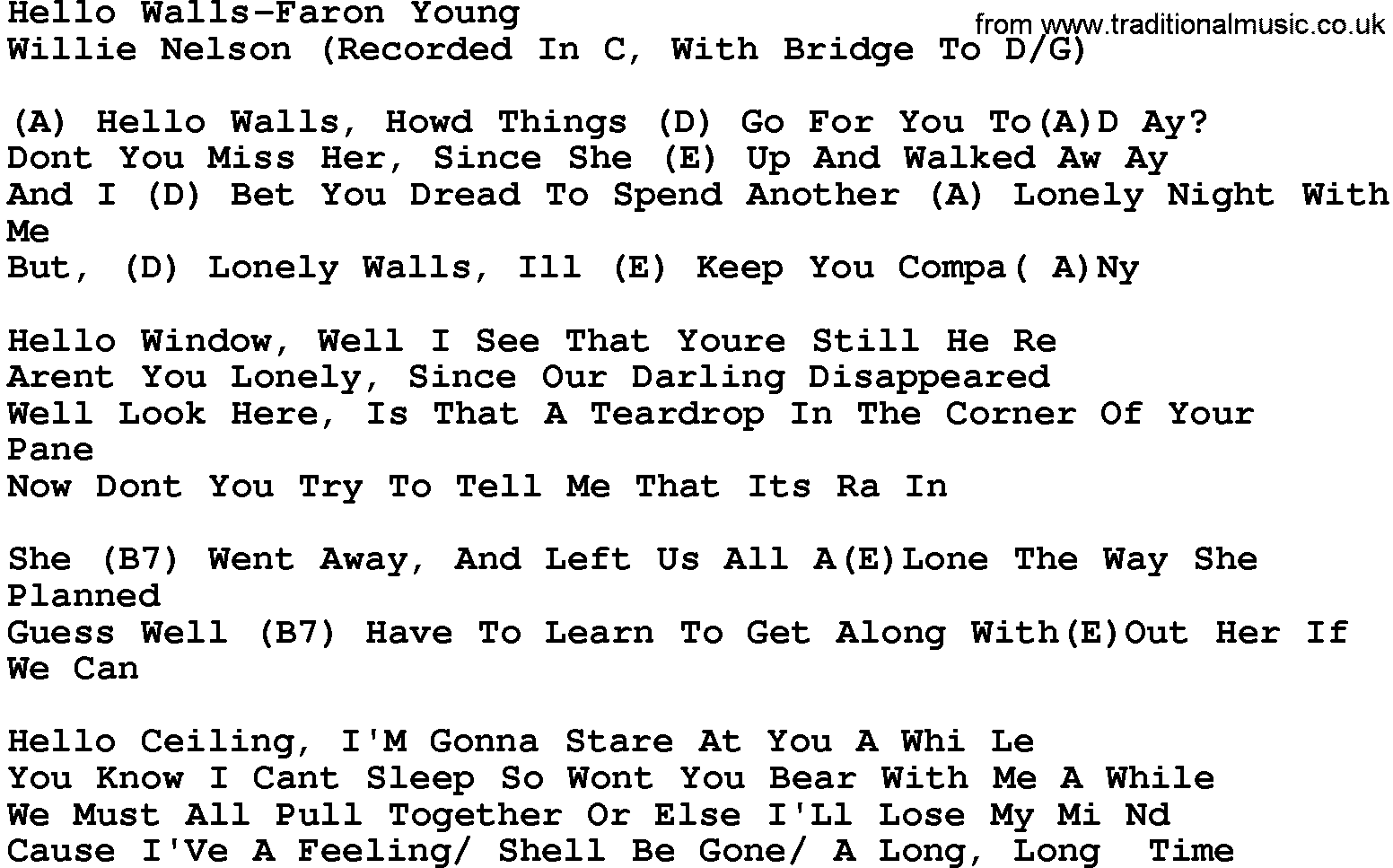Country music song: Hello Walls-Faron Young, Willie Nelson lyrics and chords