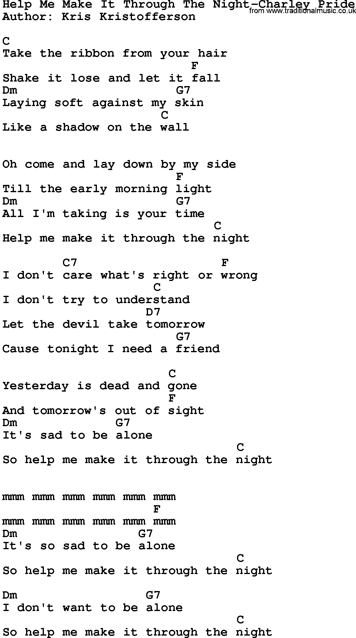 Country music song: Help Me Make It Through The Night-Charley Pride lyrics and chords