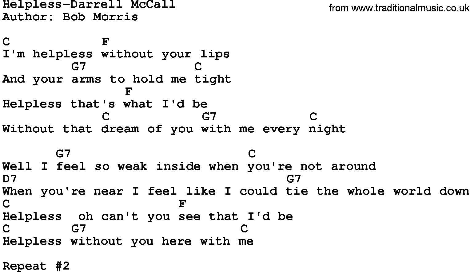 Country music song: Helpless-Darrell Mccall lyrics and chords