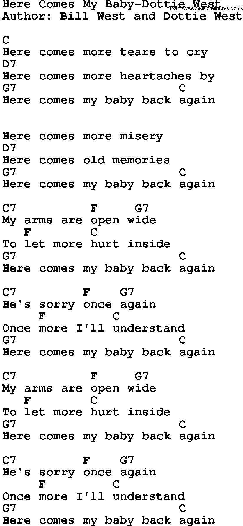Country music song: Here Comes My Baby-Dottie West lyrics and chords