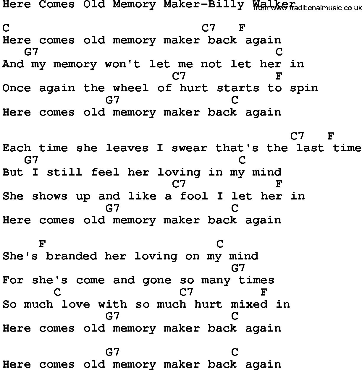 Country music song: Here Comes Old Memory Maker-Billy Walker lyrics and chords