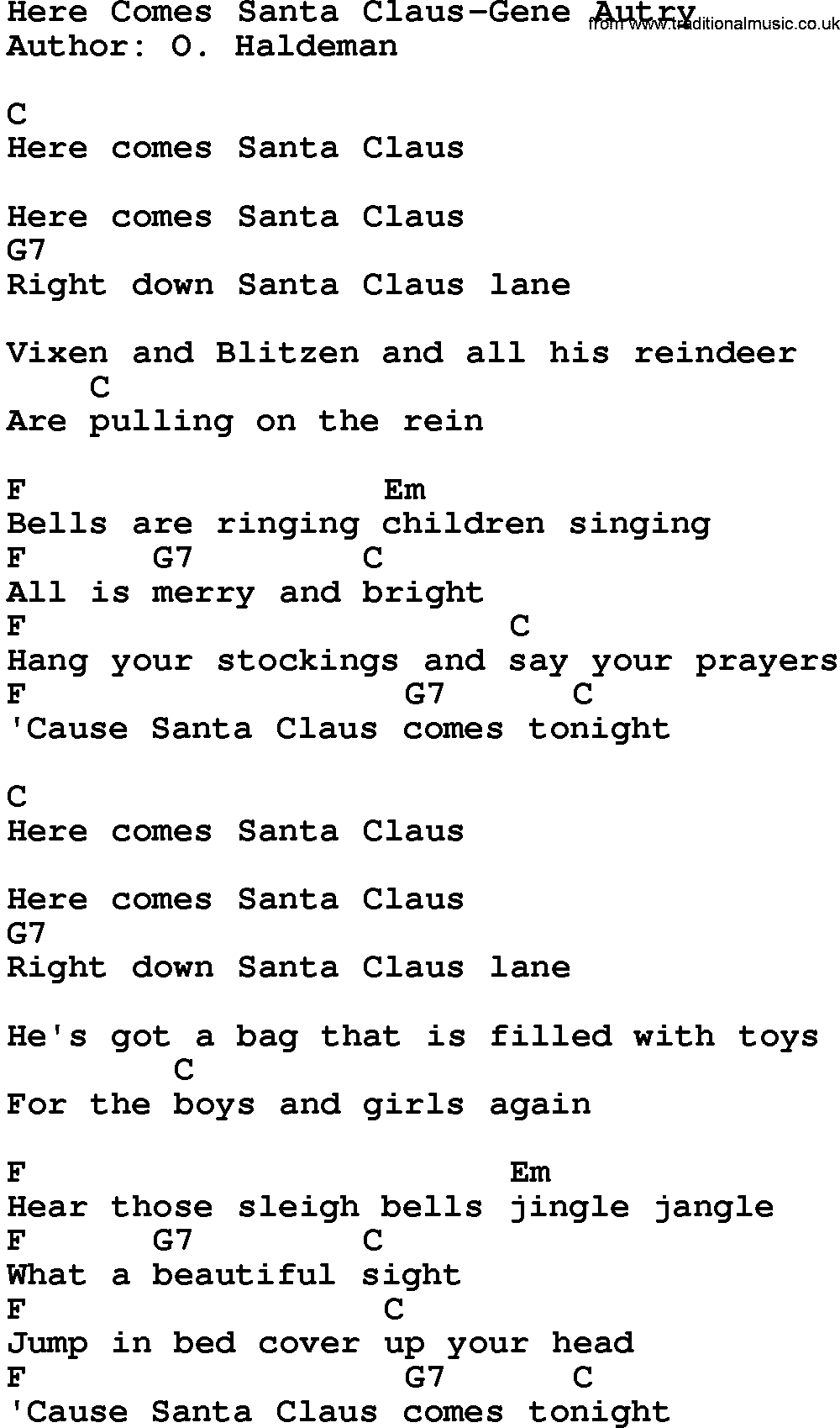 Country music song: Here Comes Santa Claus-Gene Autry lyrics and chords