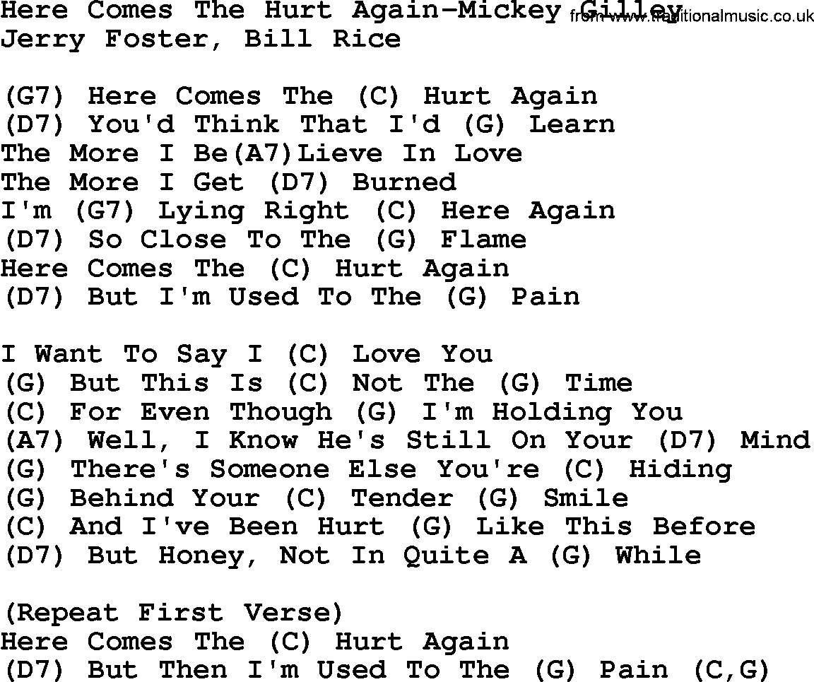 Country music song: Here Comes The Hurt Again-Mickey Gilley lyrics and chords