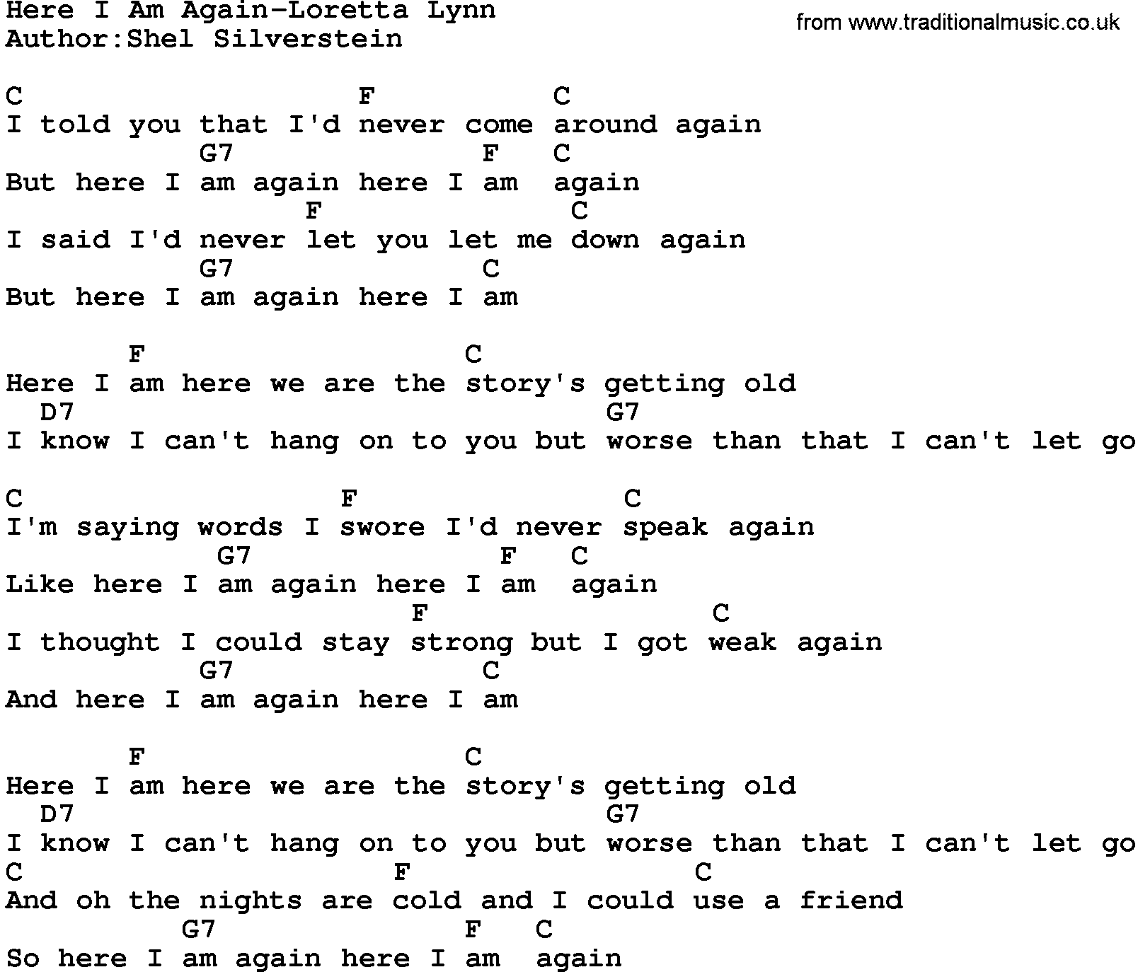 Country music song: Here I Am Again-Loretta Lynn lyrics and chords