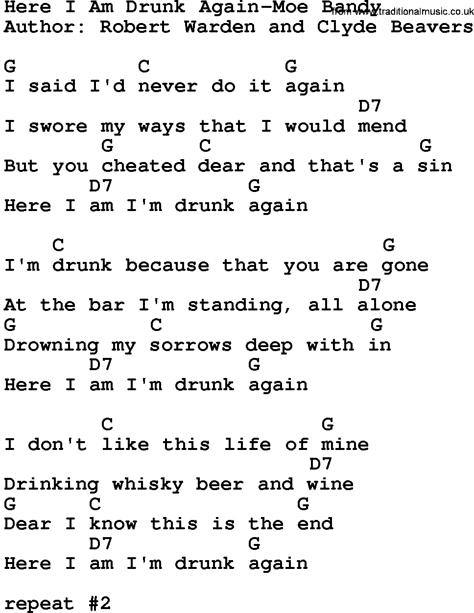 Country music song: Here I Am Drunk Again-Moe Bandy lyrics and chords