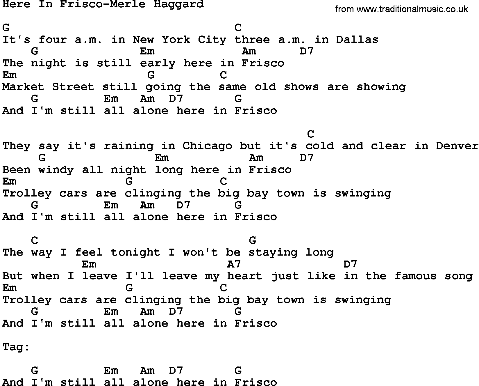 Country music song: Here In Frisco-Merle Haggard lyrics and chords