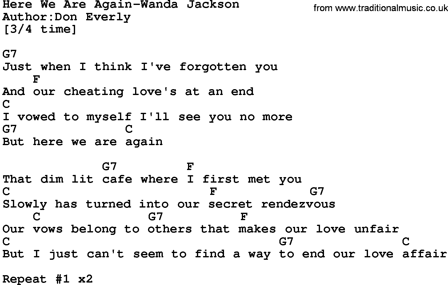 Country music song: Here We Are Again-Wanda Jackson lyrics and chords