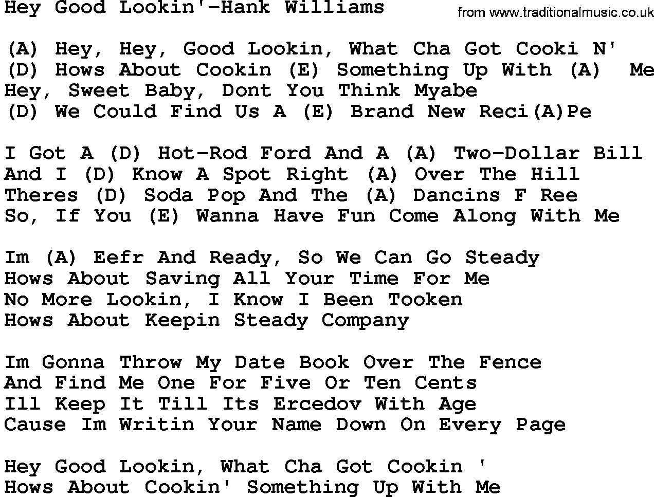 Country music song: Hey Good Lookin'-Hank Williams lyrics and chords