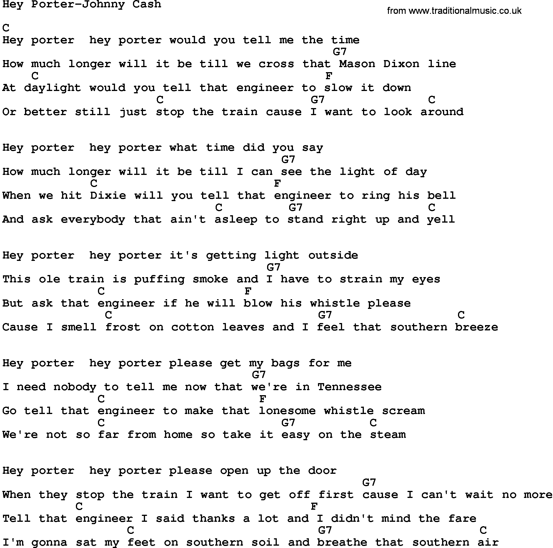 Country music song: Hey Porter-Johnny Cash lyrics and chords
