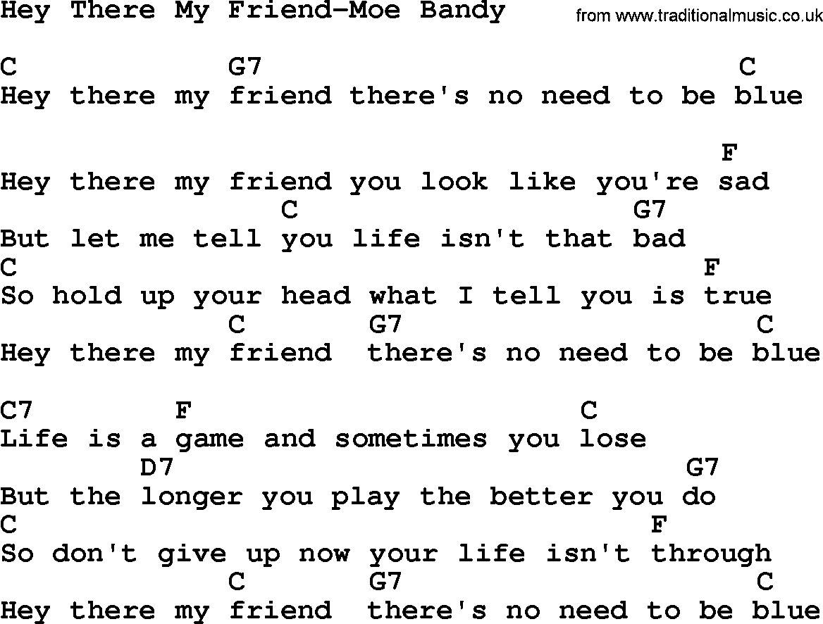 Country music song: Hey There My Friend-Moe Bandy lyrics and chords