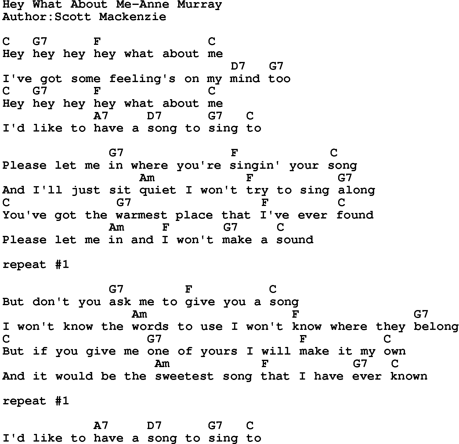 Country music song: Hey What About Me-Anne Murray lyrics and chords