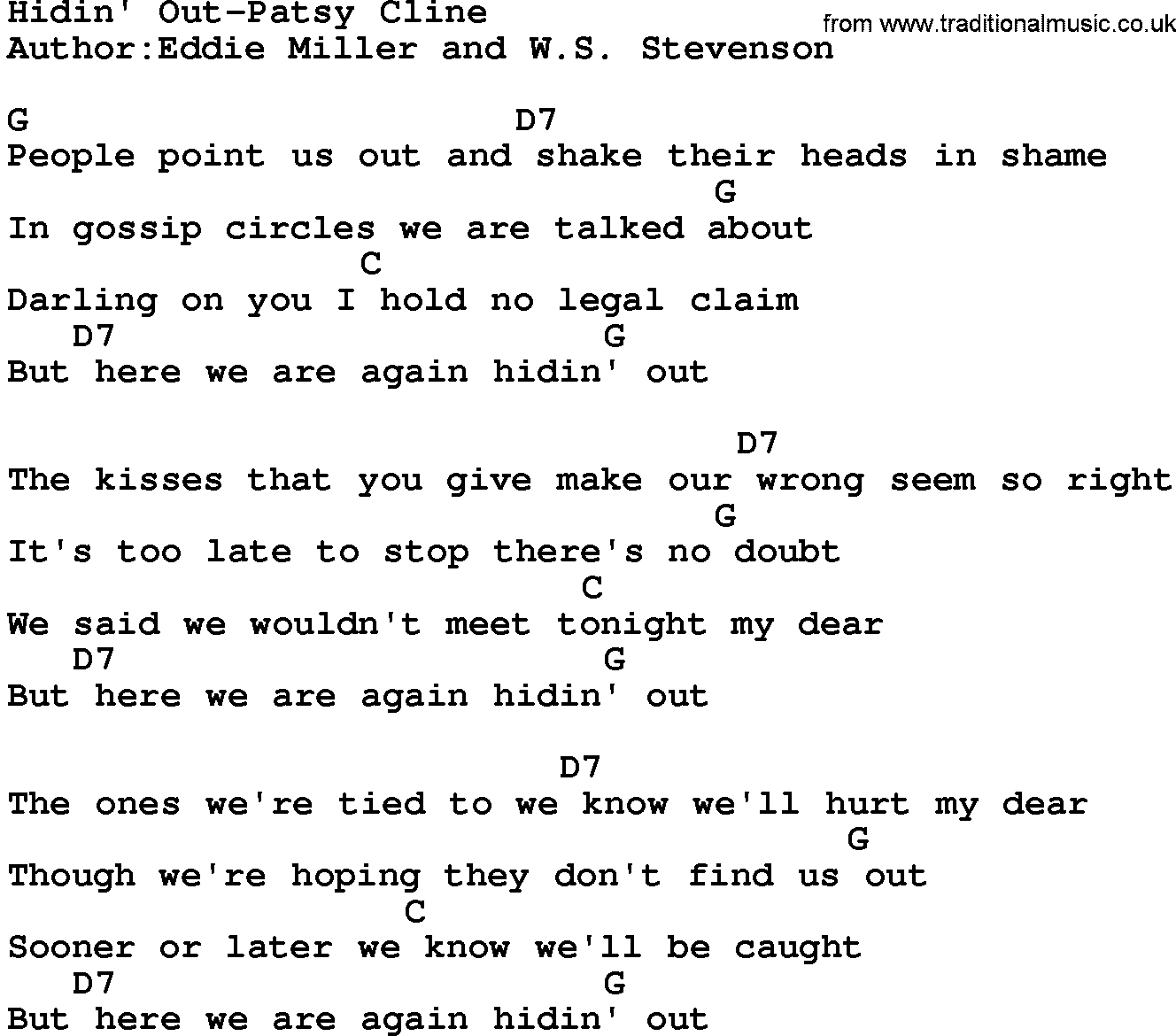 Country music song: Hidin' Out-Patsy Cline lyrics and chords