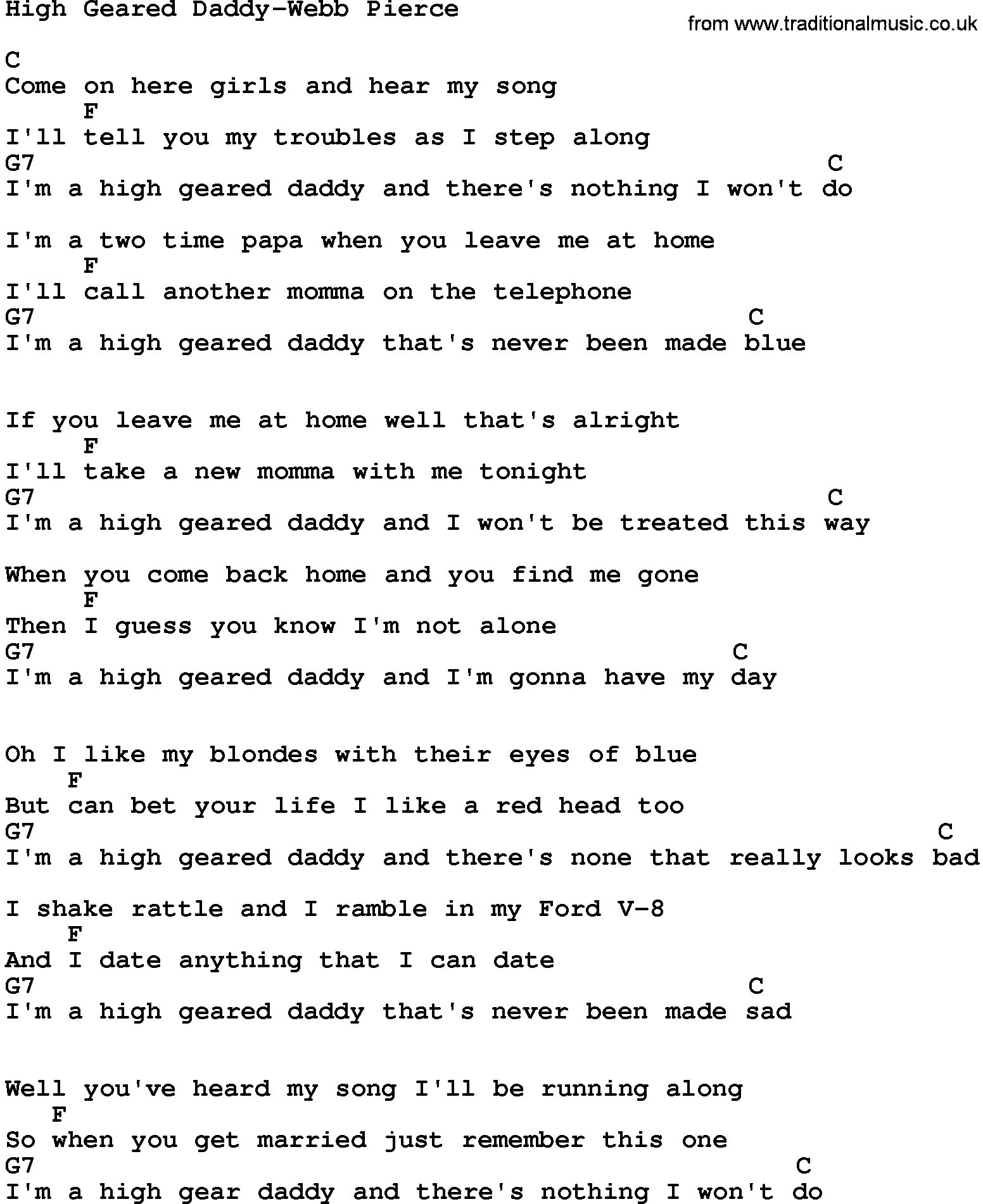 Country music song: High Geared Daddy-Webb Pierce lyrics and chords