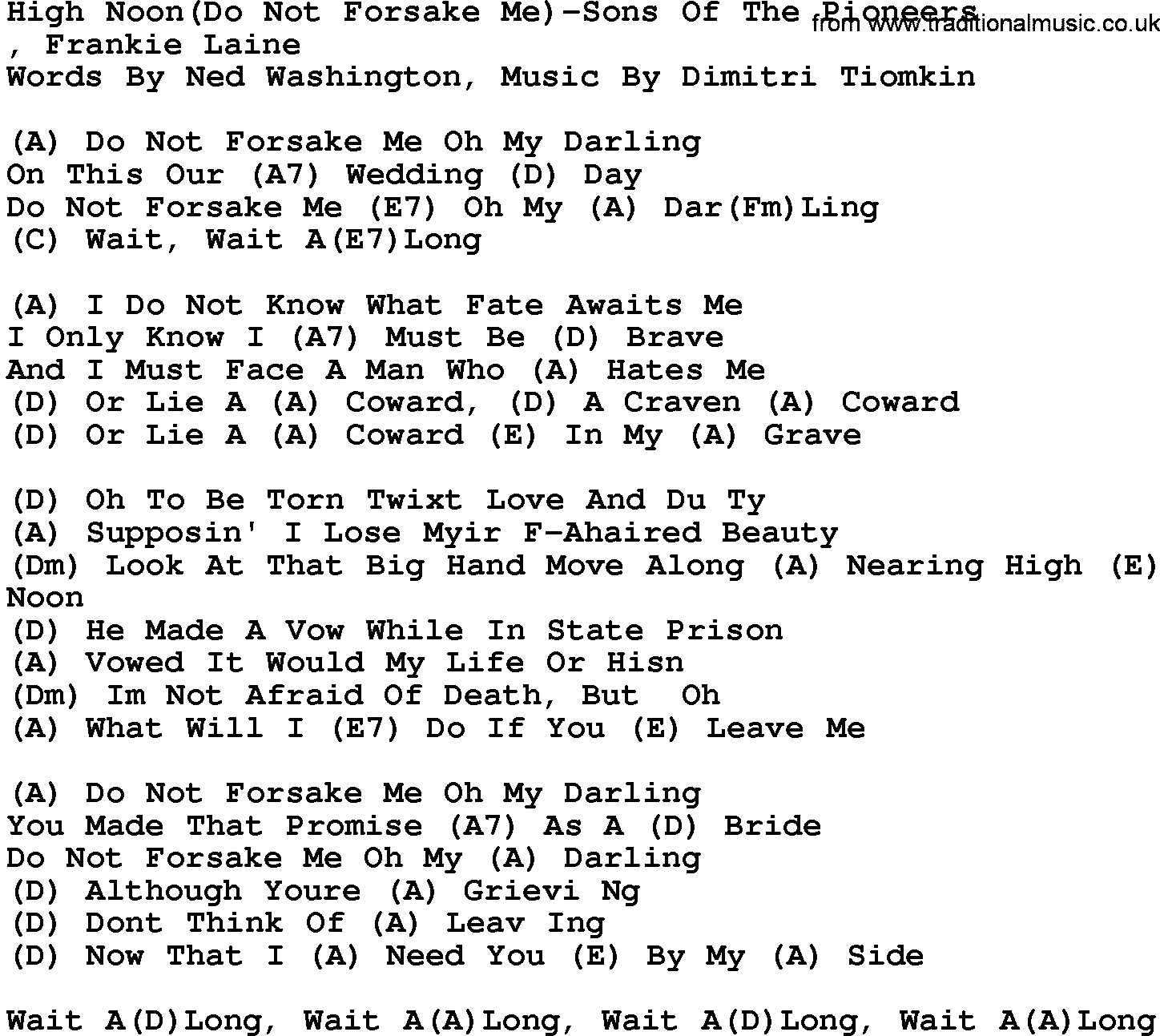 Country music song: High Noon(Do Not Forsake Me)-Sons Of The Pioneers lyrics and chords