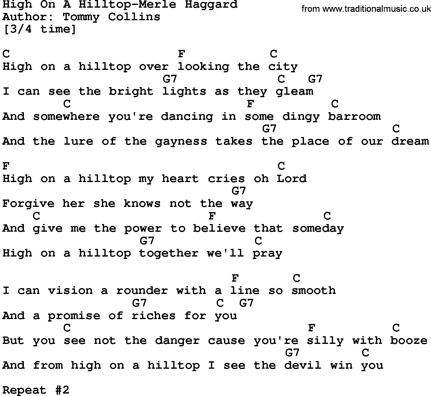 Country music song: High On A Hilltop-Merle Haggard lyrics and chords