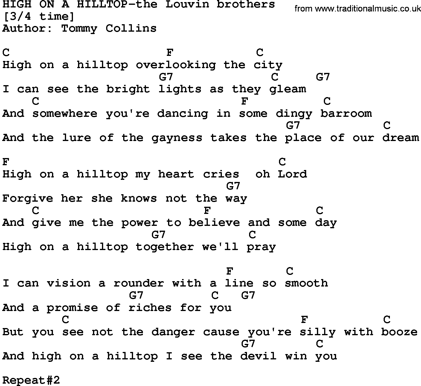 Country music song: High On A Hilltop-The Louvin Brothers lyrics and chords