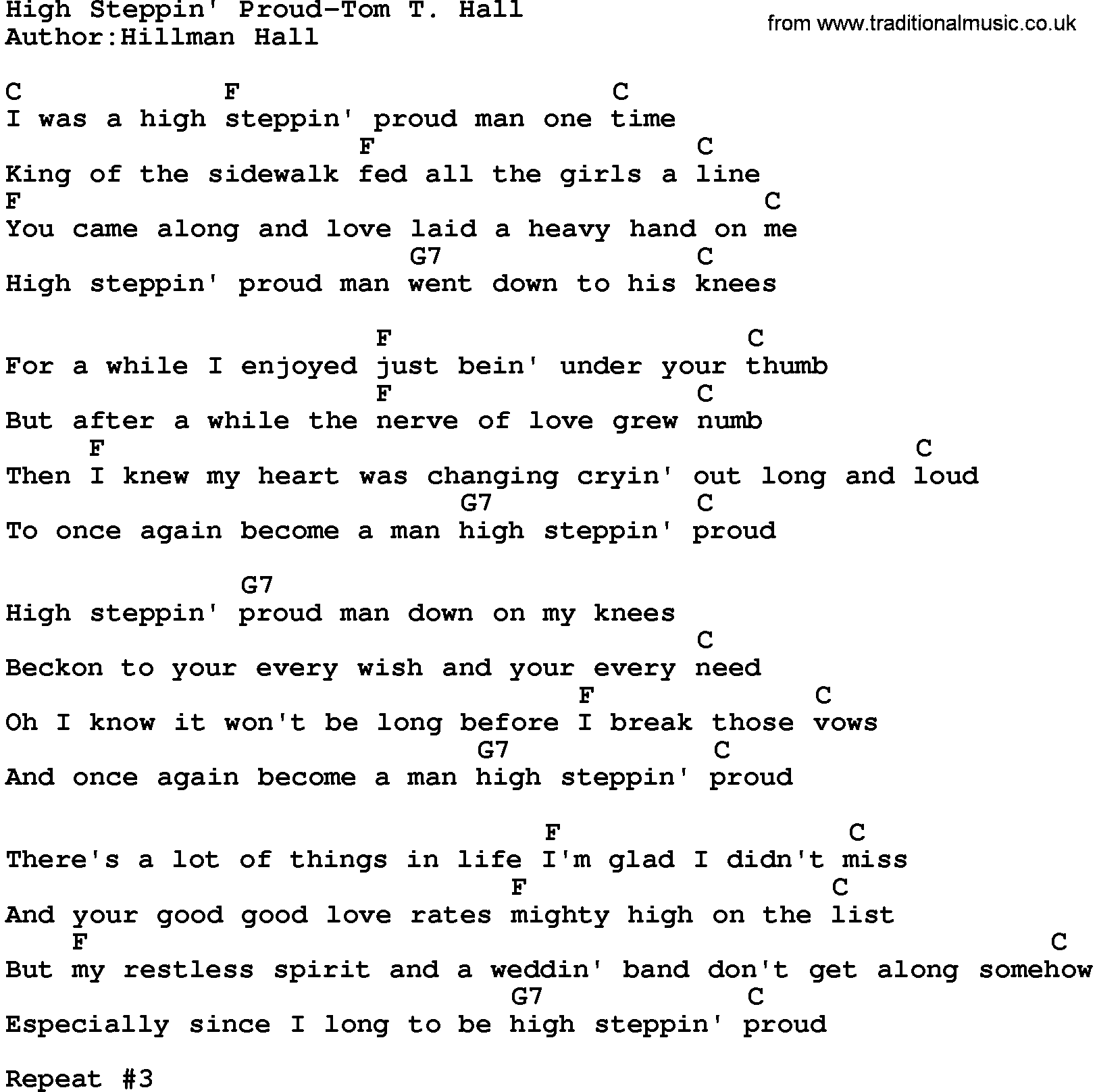 Country music song: High Steppin' Proud-Tom T Hall lyrics and chords