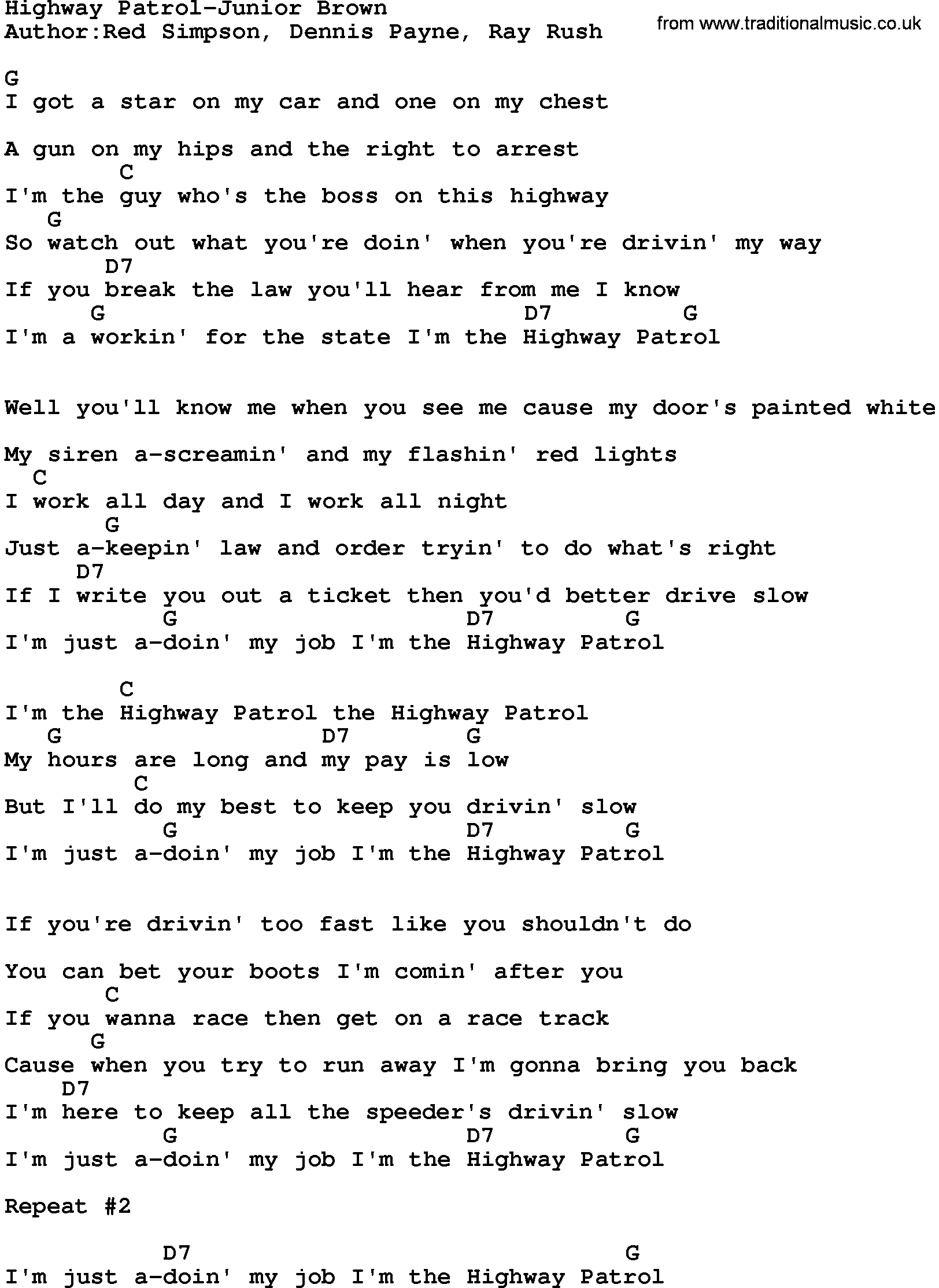 Country music song: Highway Patrol-Junior Brown lyrics and chords