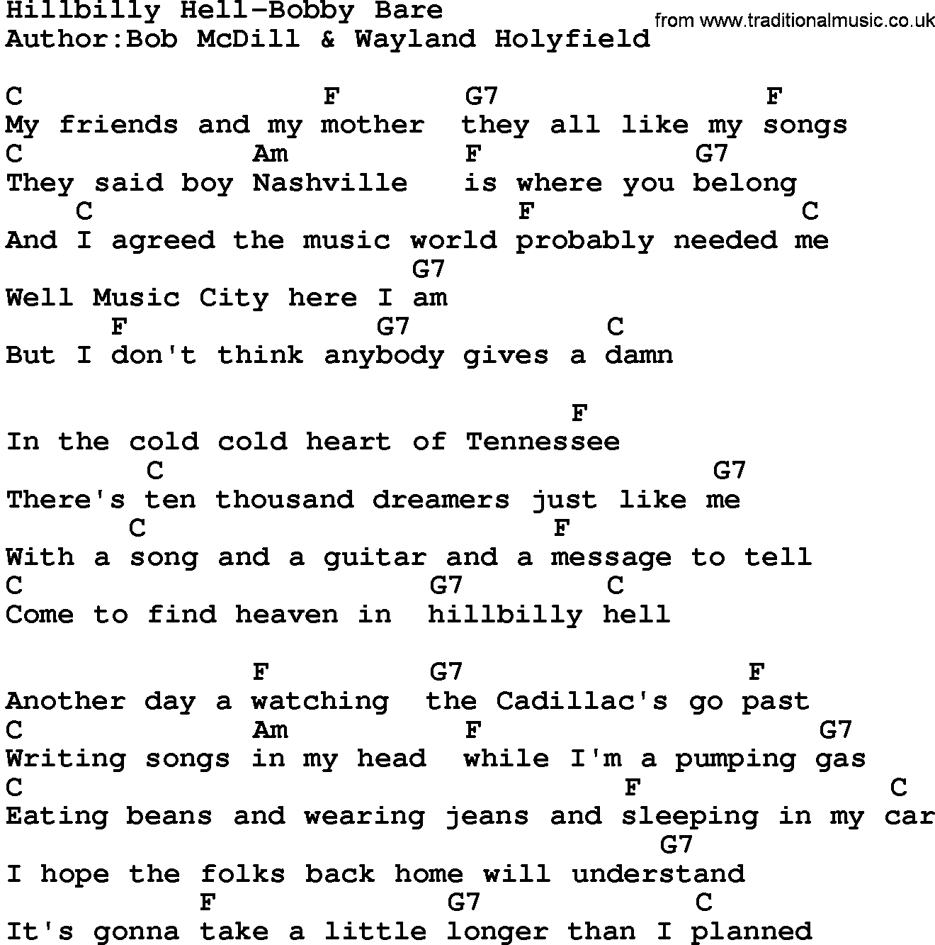 Country music song: Hillbilly Hell-Bobby Bare lyrics and chords