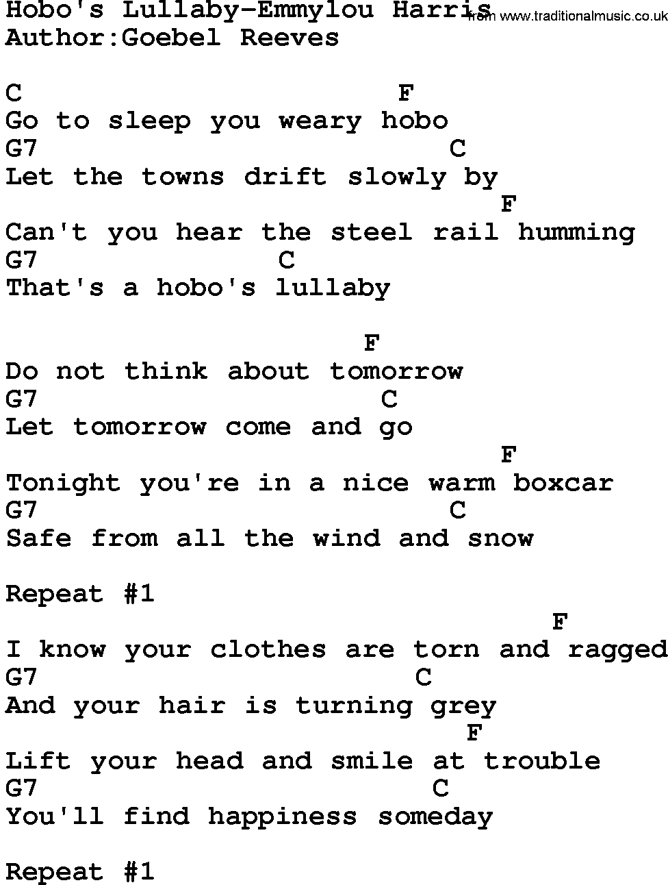 Country music song: Hobo's Lullaby-Emmylou Harris lyrics and chords