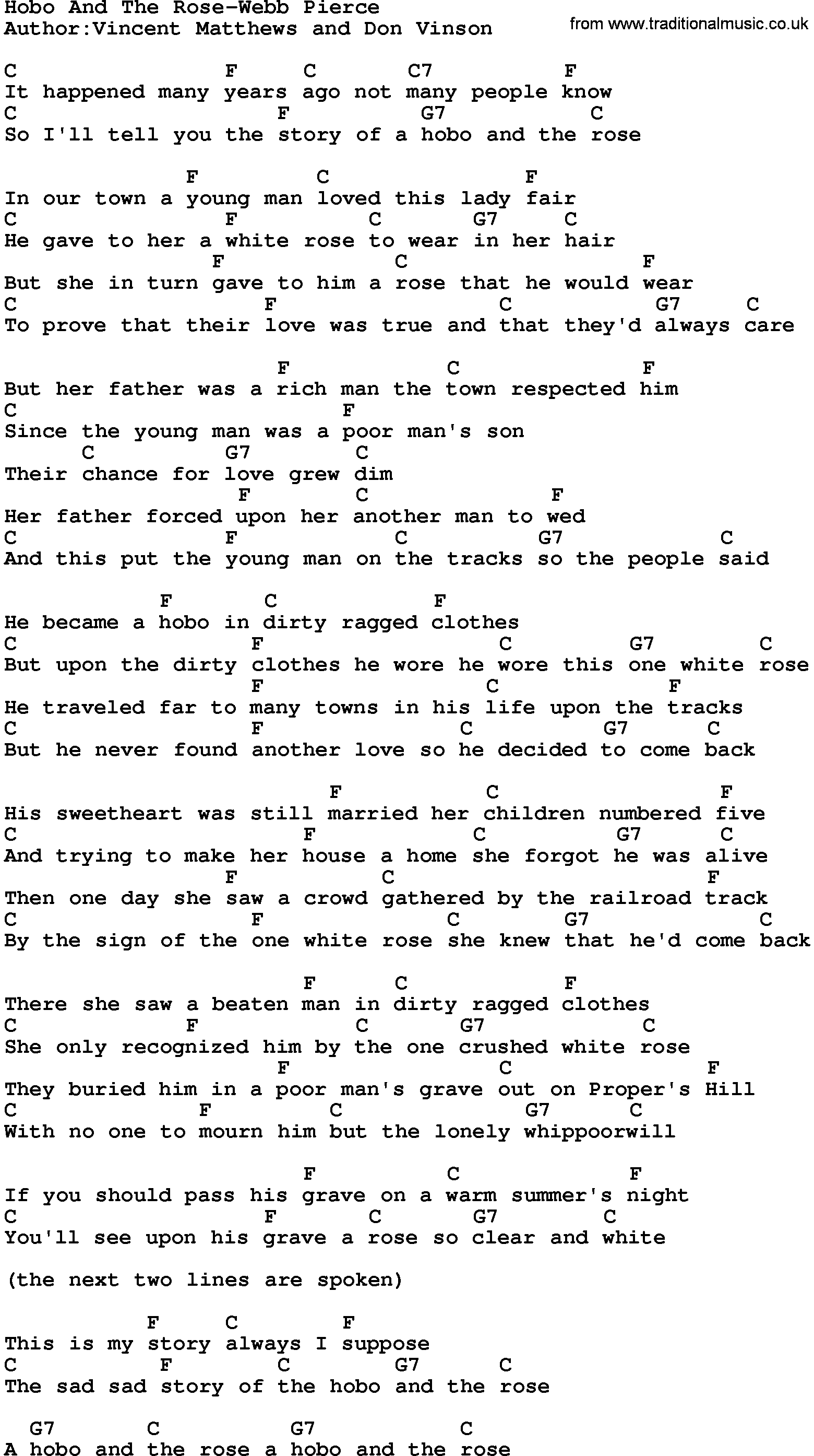Country music song: Hobo And The Rose-Webb Pierce lyrics and chords