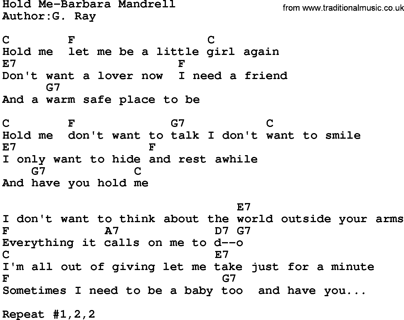 Country music song: Hold Me-Barbara Mandrell lyrics and chords