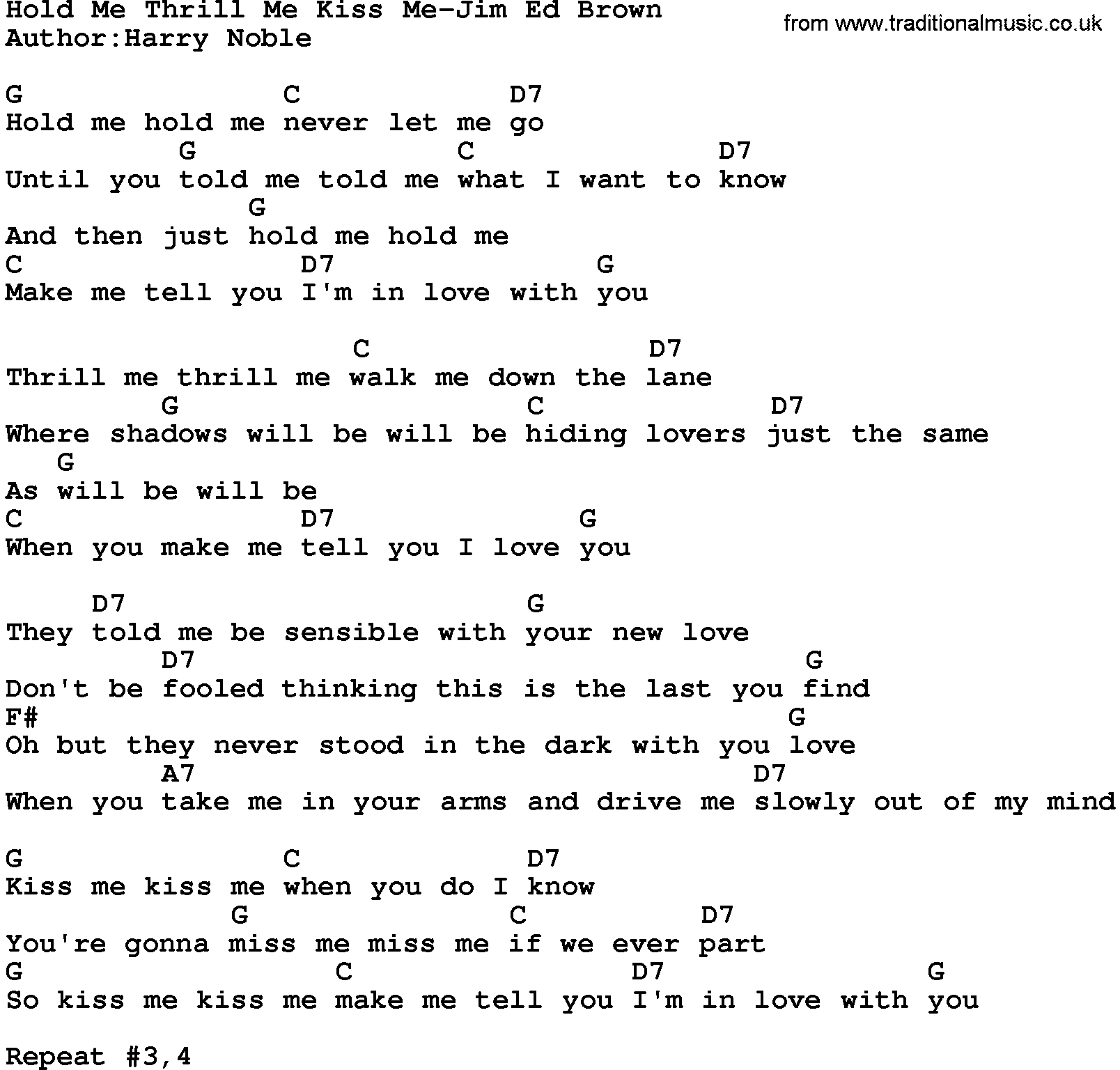 Country music song: Hold Me Thrill Me Kiss Me-Jim Ed Brown lyrics and chords