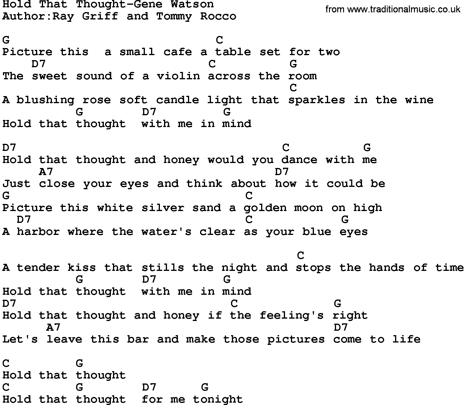 Country music song: Hold That Thought-Gene Watson lyrics and chords