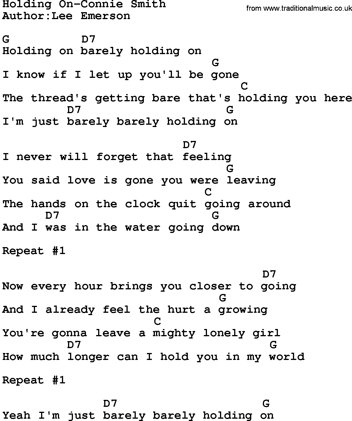 Country music song: Holding On-Connie Smith lyrics and chords
