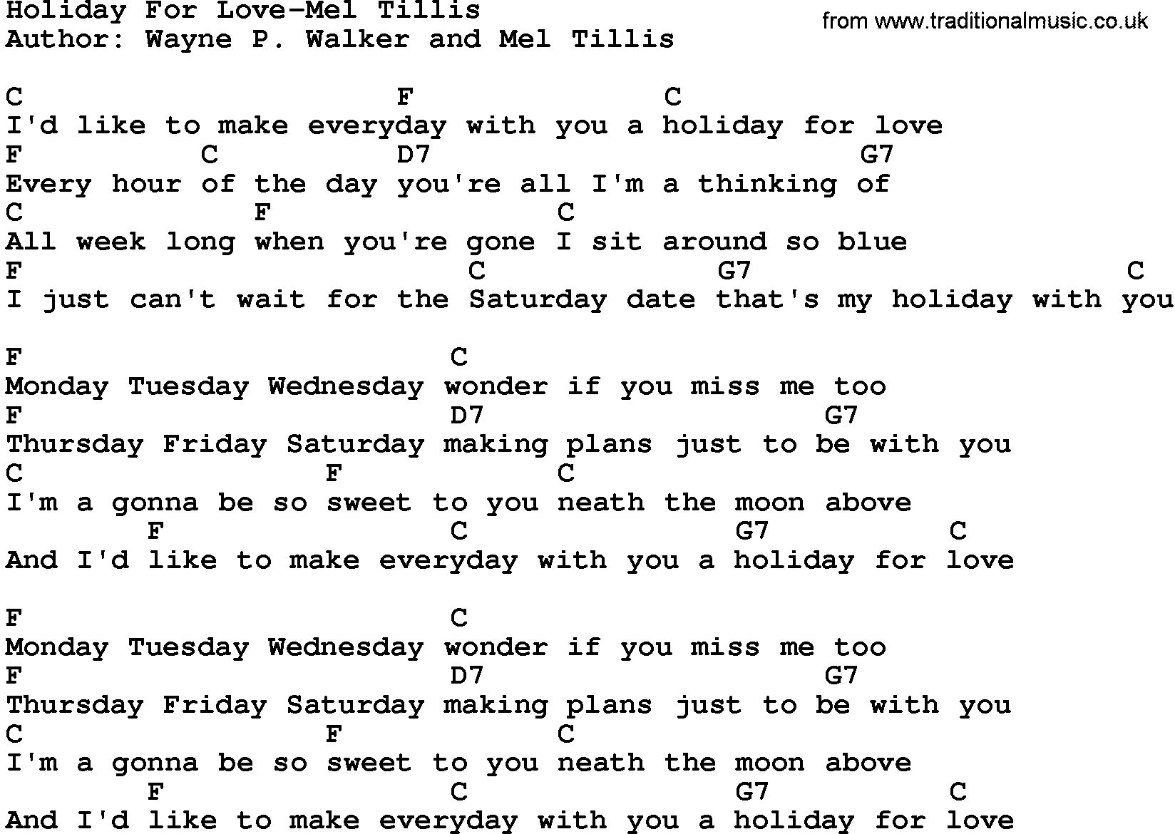 Country music song: Holiday For Love-Mel Tillis lyrics and chords