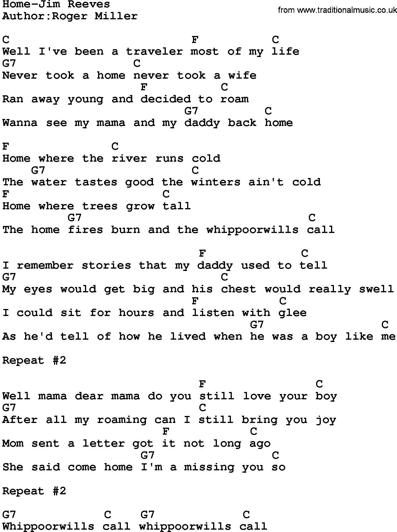 Country music song: Home-Jim Reeves lyrics and chords