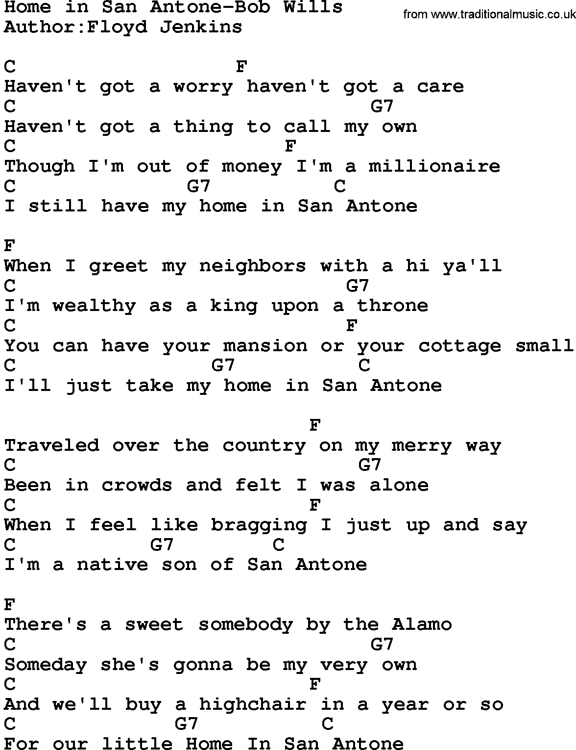 Country music song: Home In San Antone-Bob Wills lyrics and chords