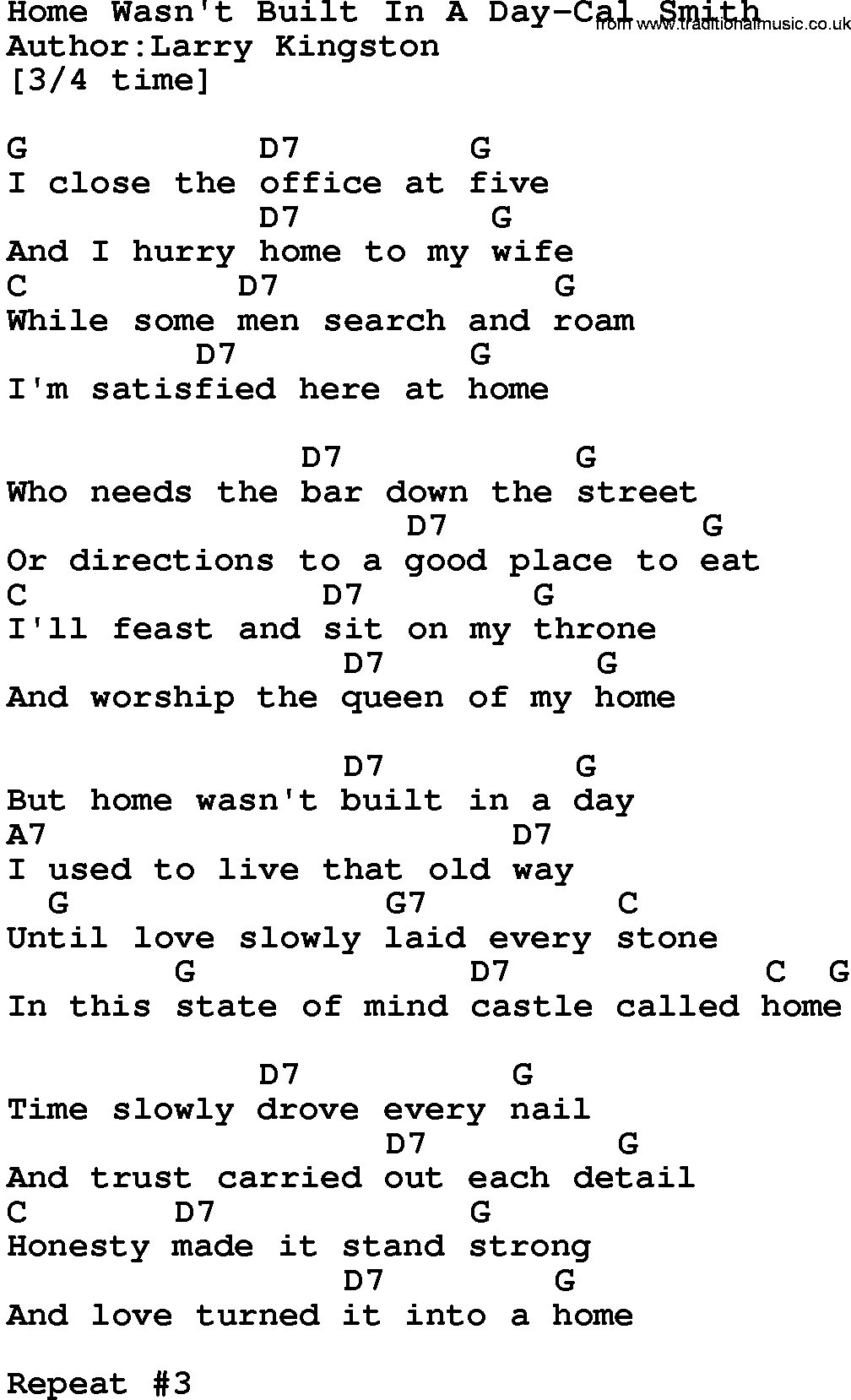 Country music song: Home Wasn't Built In A Day-Cal Smith lyrics and chords