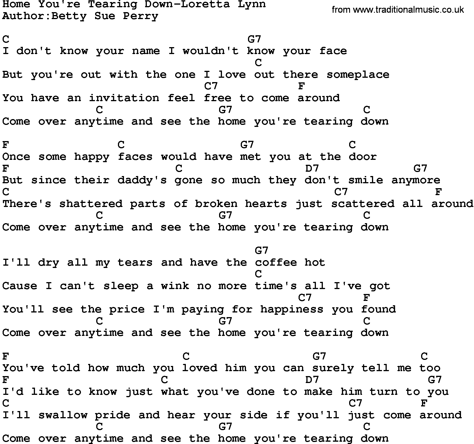 Country music song: Home You're Tearing Down-Loretta Lynn lyrics and chords