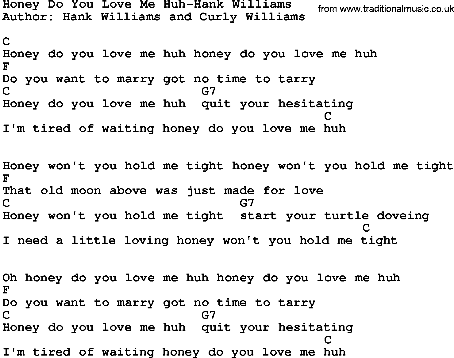 Country music song: Honey Do You Love Me Huh-Hank Williams lyrics and chords