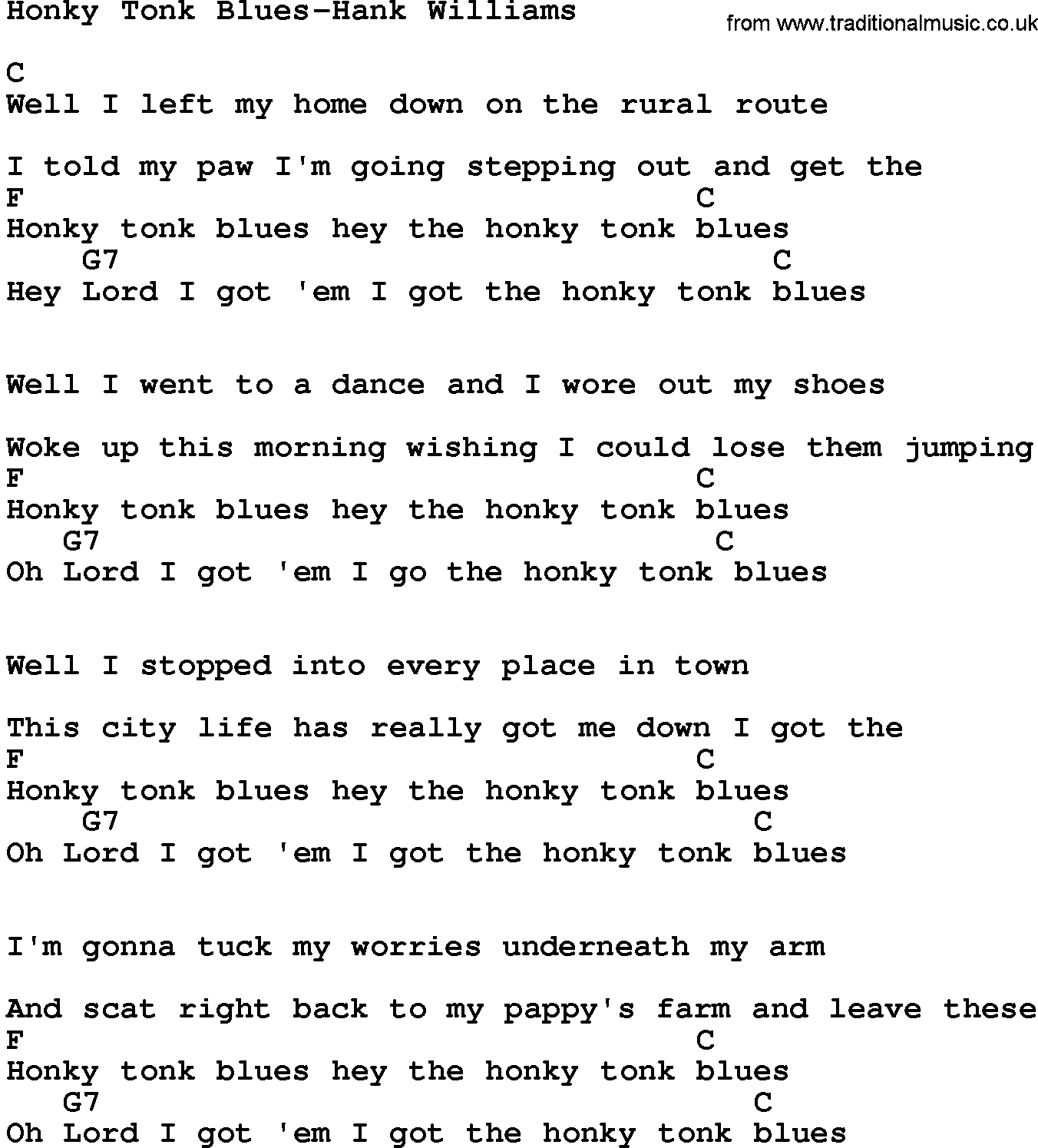 Country music song: Honky Tonk Blues-Hank Williams lyrics and chords